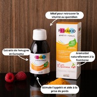 🍽️ Pour booster leur appétit, PEDIAKID® Appétit-Tonus devient le super allié de vos enfants ! 🌟

Ce sirop, avec ses extraits de fenugrec, curcuma, gingembre, chicorée, cresson, spiruline, vitamines C et B12, cuivre et manganèse, est parfait pour les petits mangeurs. 🍽️

Pourquoi l'adopter ?

💪 Stimule l’appétit et aide à la prise de poids.
🌱 Enrichi en fenugrec et curcuma pour des bienfaits naturels.
🌿 Redonne vitalité et énergie au quotidien.
🍓 Délicieusement aromatisé à la framboise.

PEDIAKID® Appétit-Tonus est une formule douce et super agréable à prendre, parfaite pour tous les petits appétits. 😋